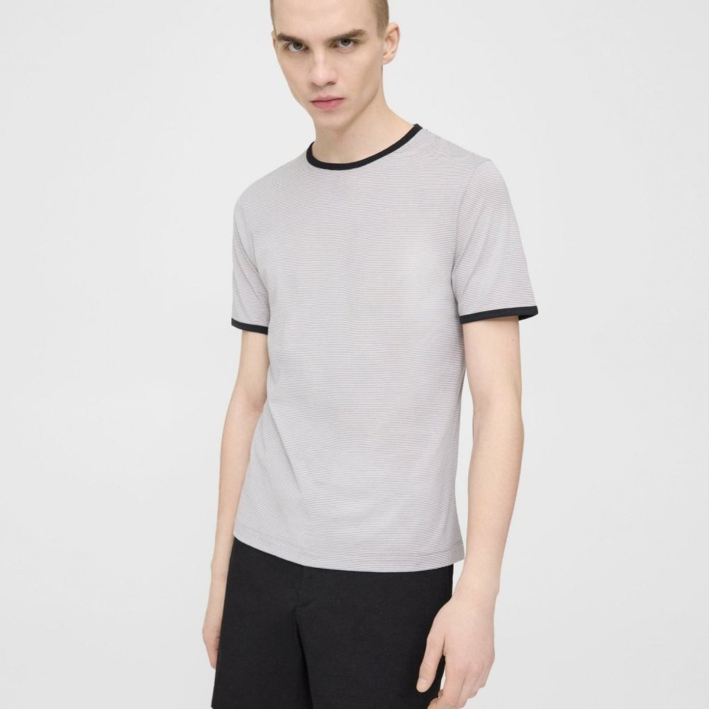 Theory Men's Striped Ringer Tee in Force Grey/White, Size M